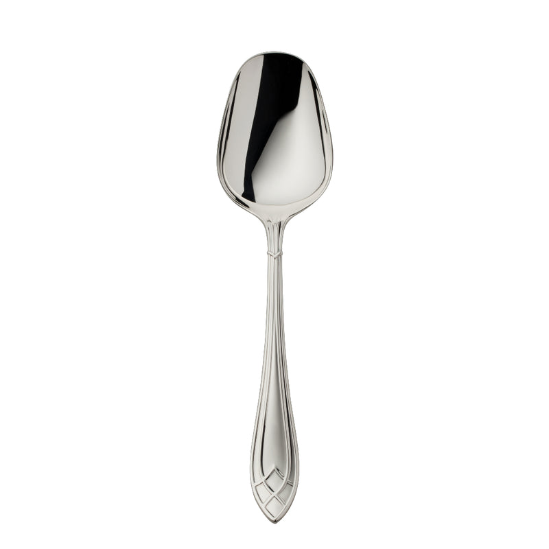Arcade silver-plated vegetable serving spoon by Robbe & Berking with wide squared bowl and detailed handle.