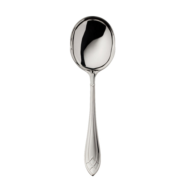 Arcade silver-plated potato server by Robbe & Berking with broad rounded bowl and geometric handle.