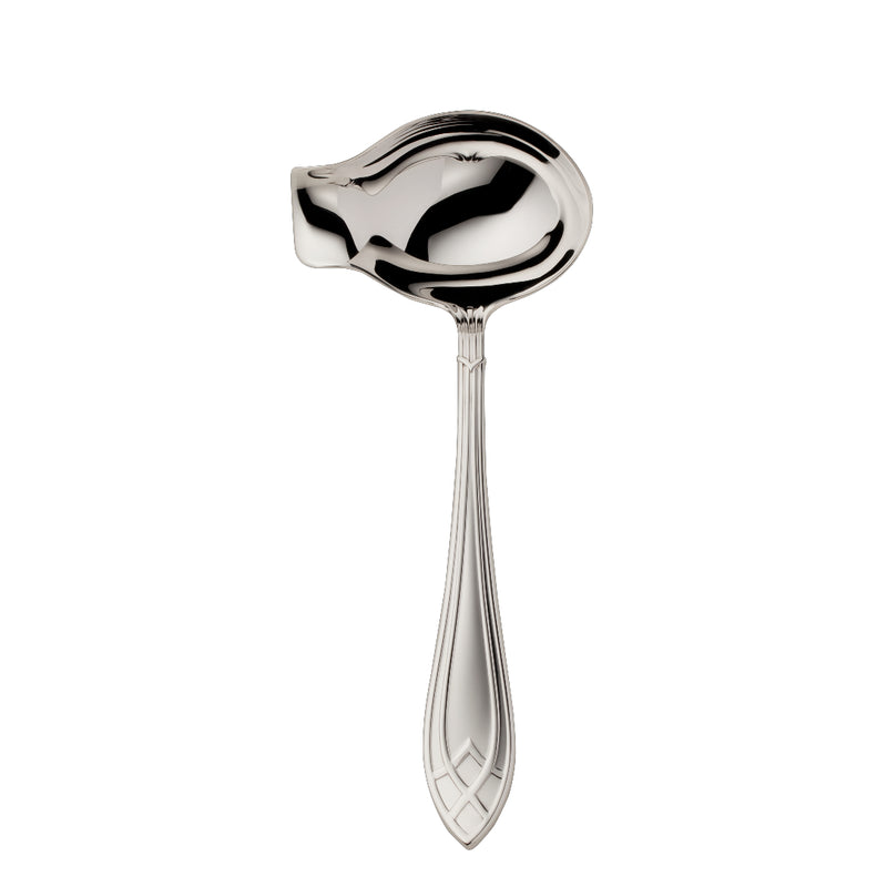 Arcade silver-plated sauce ladle by Robbe & Berking with curved bowl and geometric handle design.