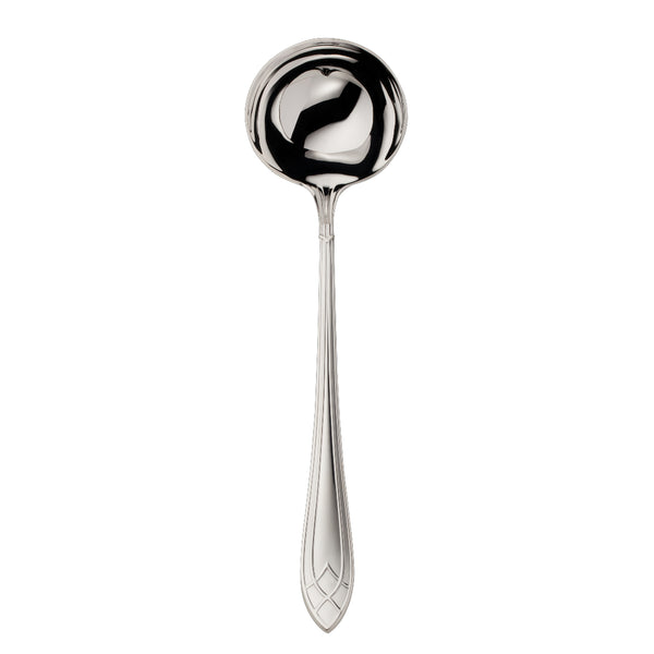 Arcade silver-plated soup ladle by Robbe & Berking with wide bowl and geometric handle design.