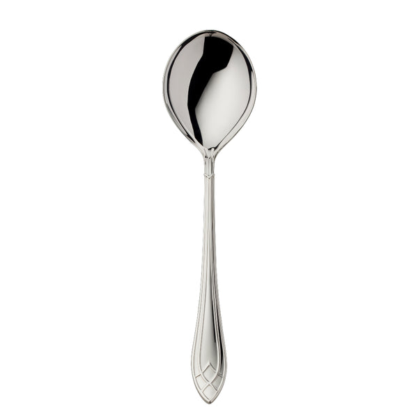 Arcade silver-plated large compote and salad serving spoon by Robbe & Berking with broad rounded bowl and detailed handle.