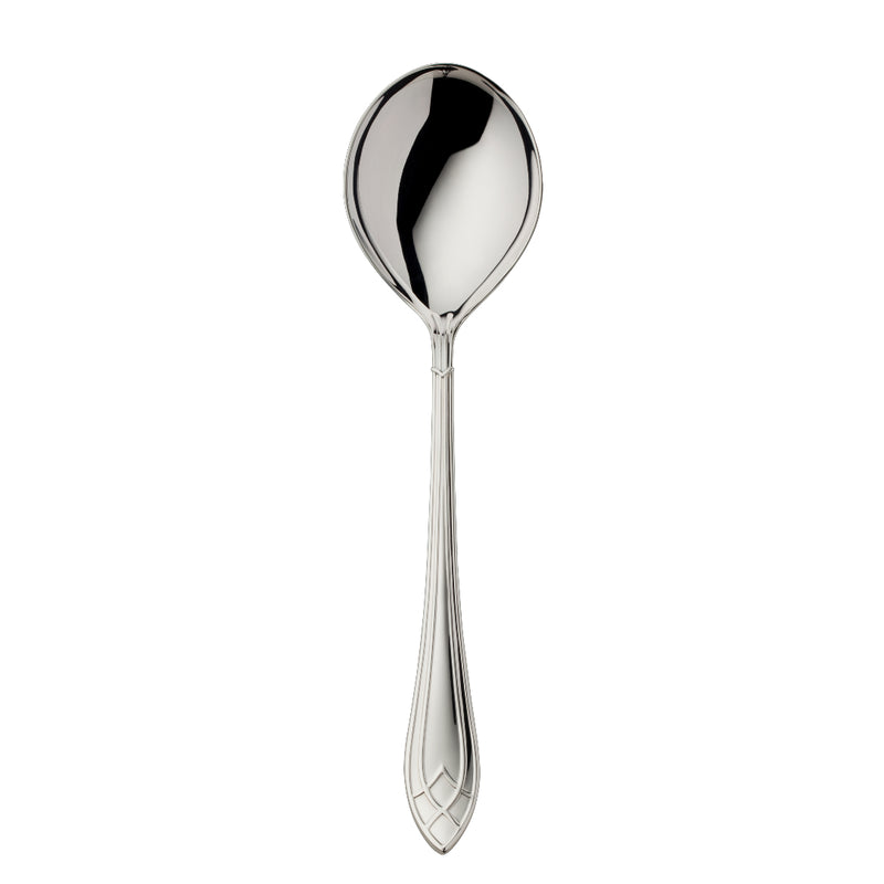 Arcade silver-plated large compote and salad serving spoon by Robbe & Berking with broad rounded bowl and detailed handle.