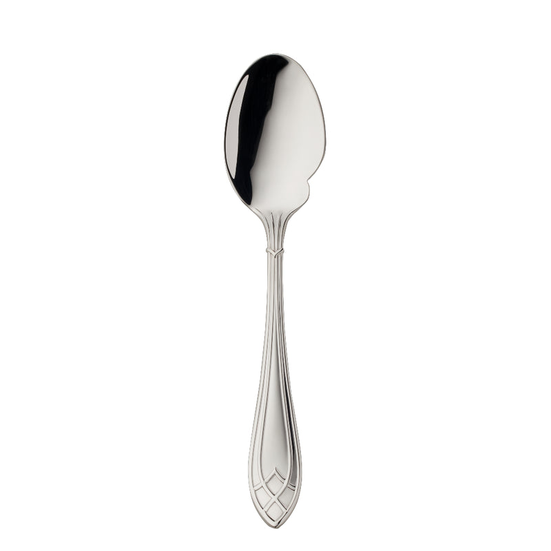 Arcade silver-plated gourmet spoon by Robbe & Berking with wide bowl and side notch.