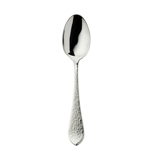 Robbe and Berking Martelé menu spoon in silver plate with hammered texture.
