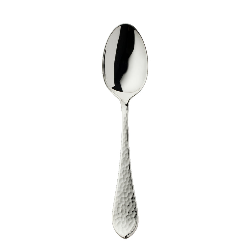 Robbe and Berking Martelé menu spoon in silver plate with hammered texture.