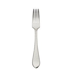 Martelé menu fork in silver plate with hammered texture.