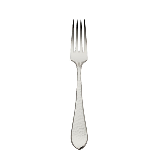 Martelé menu fork in silver plate with hammered texture.