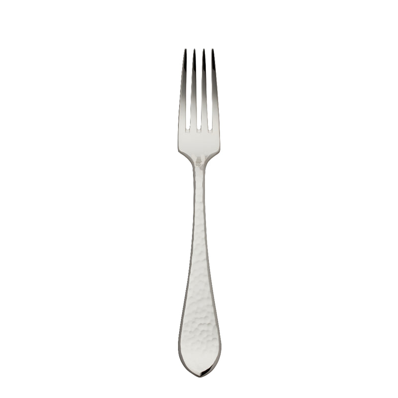 Martelé menu fork in silver plate with hammered texture.