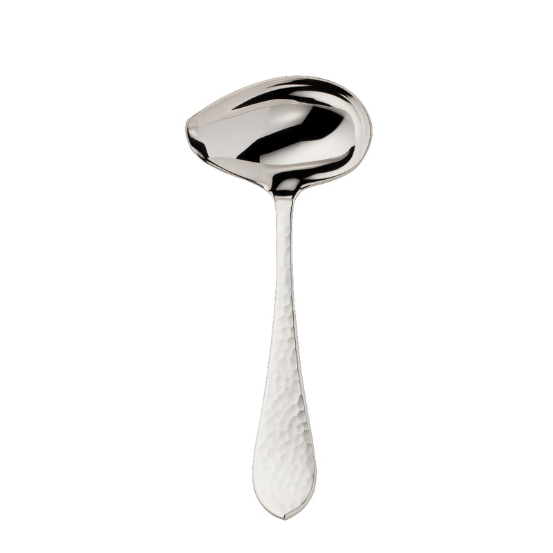 Martelé silver-plated sauce ladle by Robbe & Berking with hammered handle and rounded bowl.