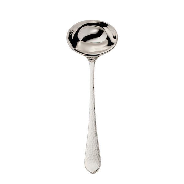 Martelé silver-plated soup ladle by Robbe & Berking with hammered handle and deep rounded bowl.