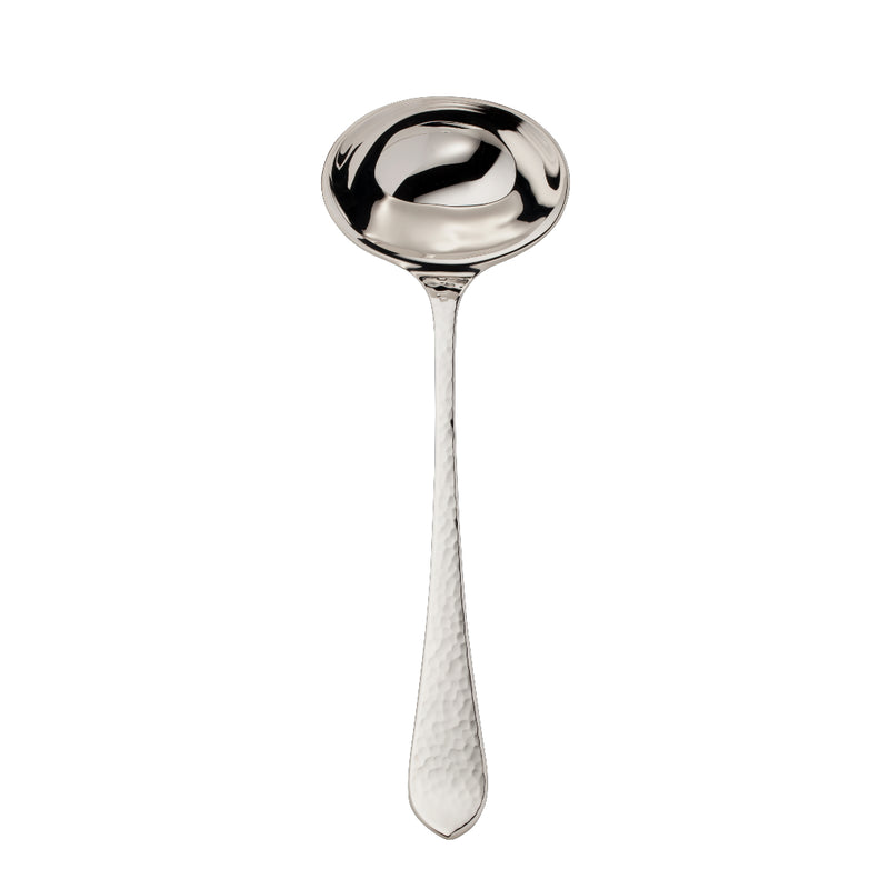 Martelé silver-plated soup ladle by Robbe & Berking with hammered handle and deep rounded bowl.