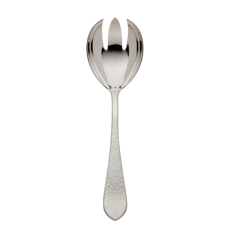 Martelé silver-plated large salad serving fork by Robbe & Berking with hammered handle and broad prongs.