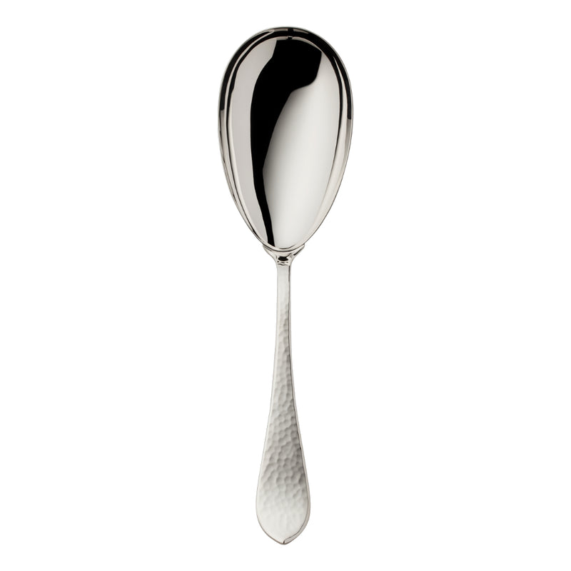 Martelé silver-plated serving spoon by Robbe & Berking with hammered handle and polished bowl.