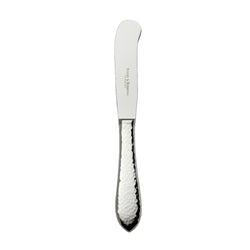 Martelé butter knife with hammered silver-plated handle and rounded blade tip.