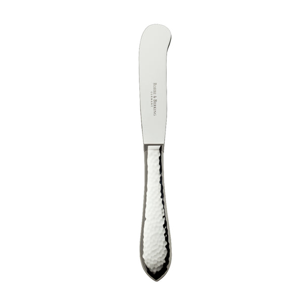 Martelé butter knife with hammered silver-plated handle and rounded blade tip.