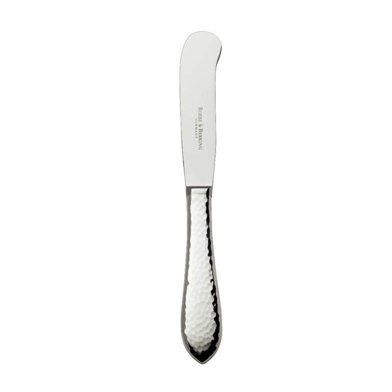 Martelé butter knife with hammered silver-plated handle and rounded blade tip.