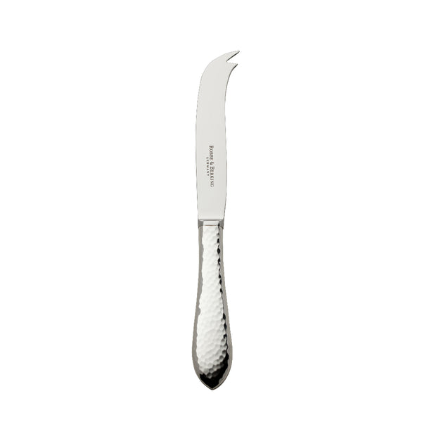 Robbe & Berking Martelé silver-plated cheese knife with forked tip and hammered handle.