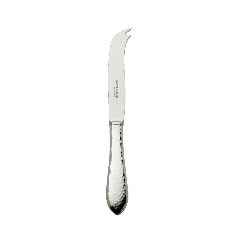 Robbe & Berking Martelé silver-plated cheese knife with forked tip and hammered handle.