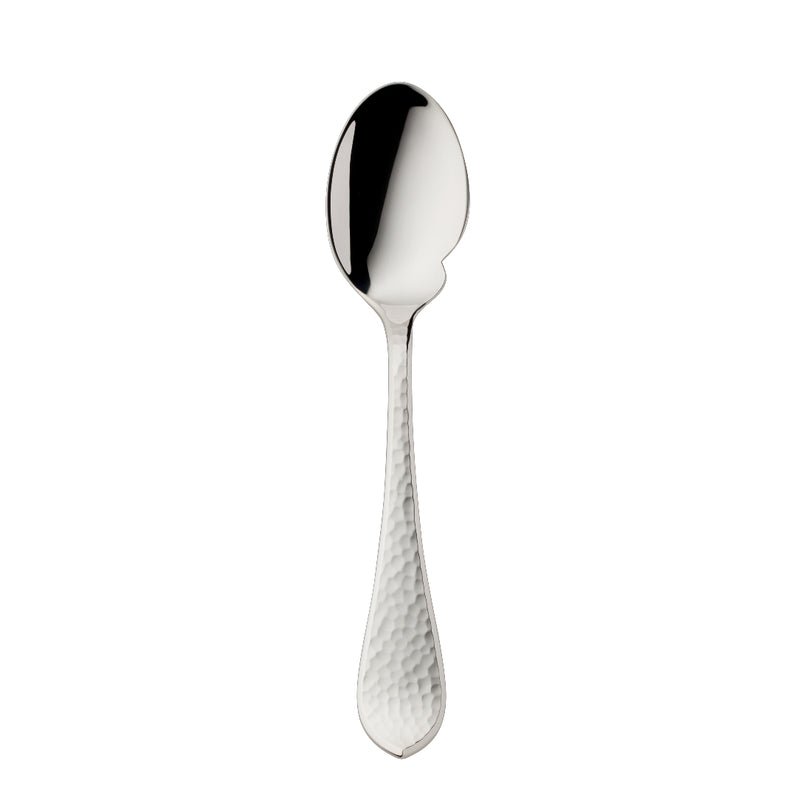 Robbe & Berking Martelé silver-plated gourmet spoon with notched bowl and hammered handle.