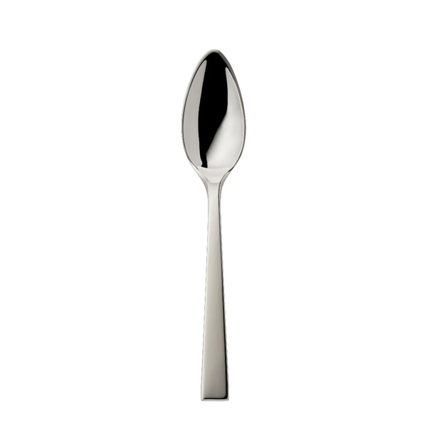 Riva dessert spoon with rounded pointy bowl and squared handle.