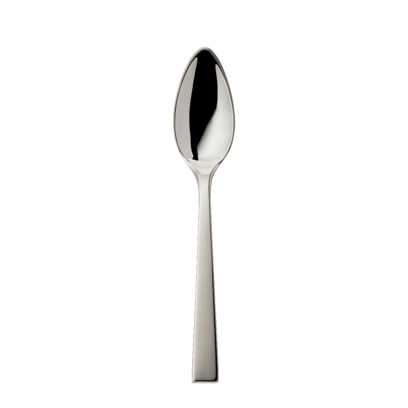 Riva dessert spoon with rounded pointy bowl and squared handle.