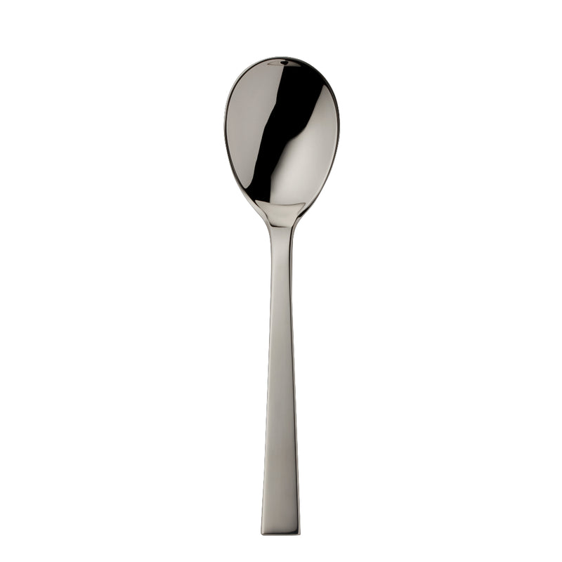 Riva cream spoon with rounded bowl and squared polished handle.