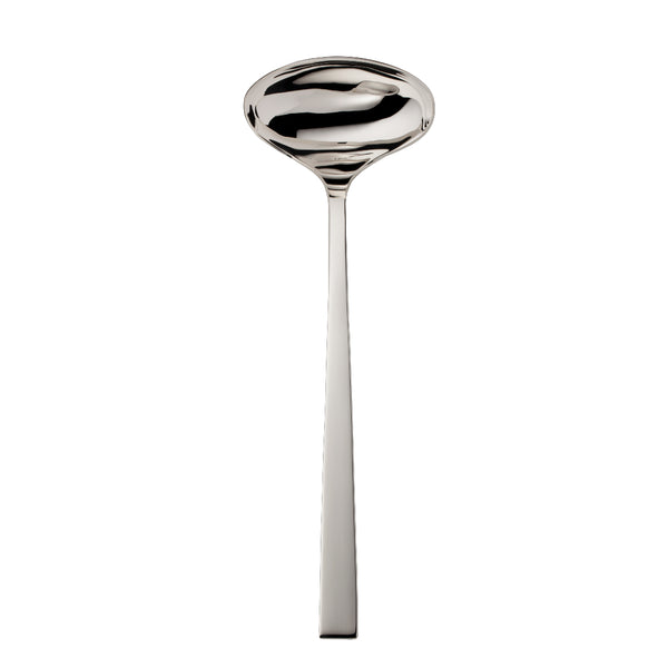 Riva soup ladle with broad polished bowl and squared modern handle.