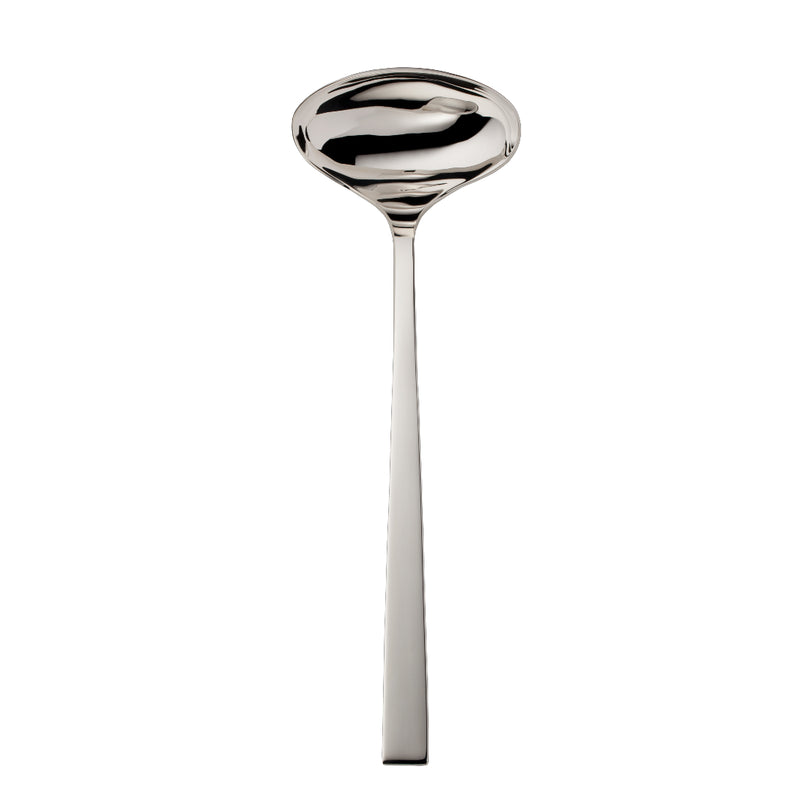 Riva soup ladle with broad polished bowl and squared modern handle.