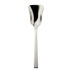 Riva serving spoon with wide flared bowl and polished squared handle.