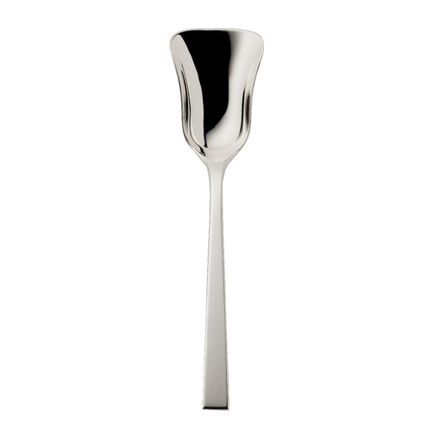 Riva serving spoon with wide flared bowl and polished squared handle.