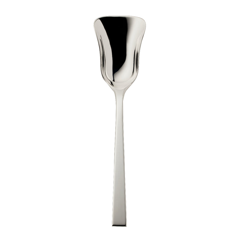 Riva serving spoon with wide flared bowl and polished squared handle.