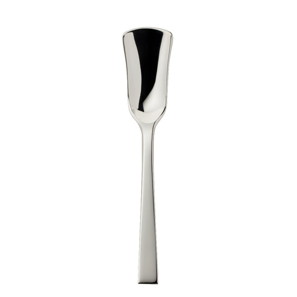 Riva sugar spoon with squared bowl and polished straight handle.