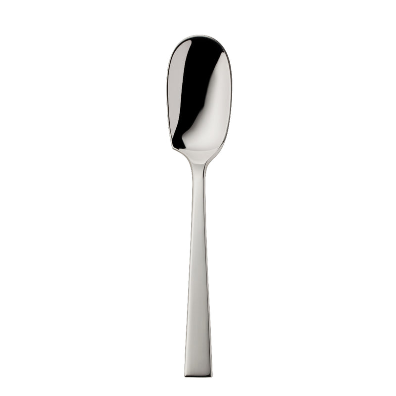 Riva gourmet spoon with silver-plated squared handle and broad bowl.