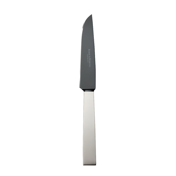 Riva Frozen Black steak knife with DLC-coated blade and silver-plated squared handle.