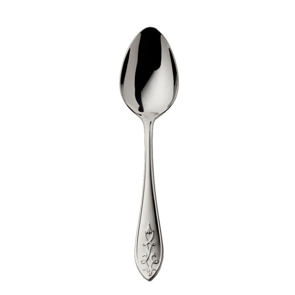 Jardin dinner spoon by Robbe & Berking in stainless steel with polished finish and floral lily-shaped handle for elegant dining.