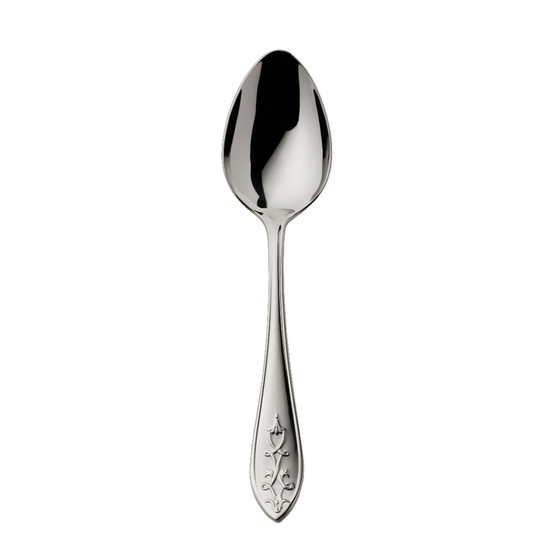 Jardin dinner spoon by Robbe & Berking in stainless steel with polished finish and floral lily-shaped handle for elegant dining.