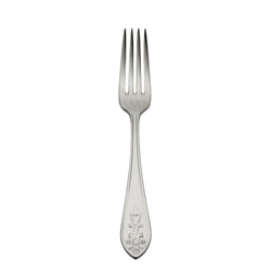 Jardin menu fork by Robbe & Berking in stainless steel with floral lily-shaped handle and polished finish.
