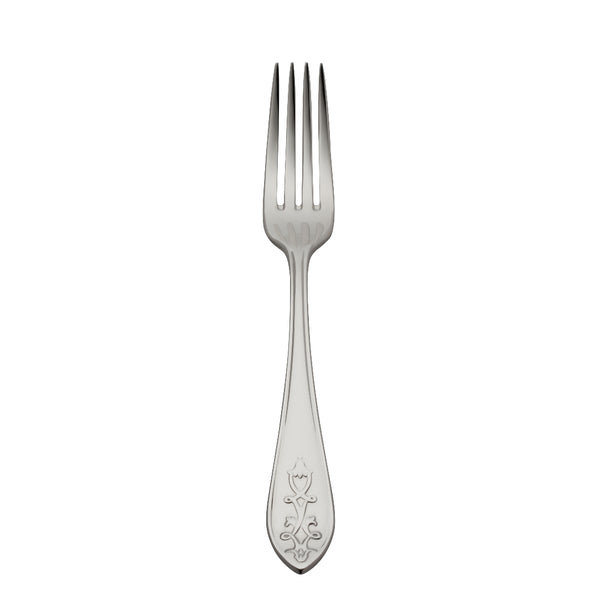 Jardin menu fork by Robbe & Berking in stainless steel with floral lily-shaped handle and polished finish.