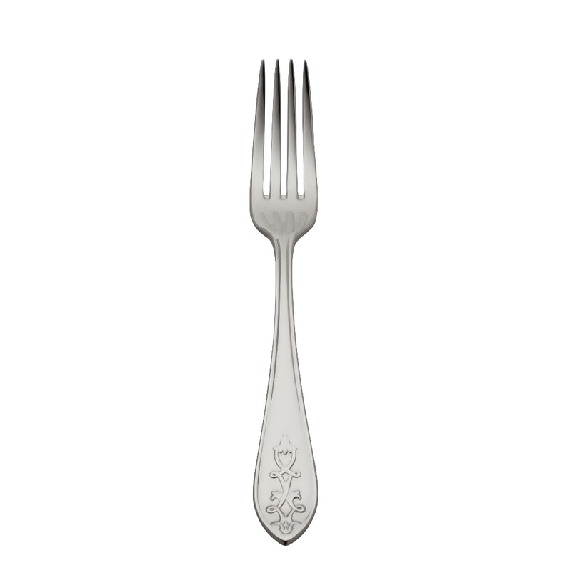 Jardin menu fork by Robbe & Berking in stainless steel with floral lily-shaped handle and polished finish.