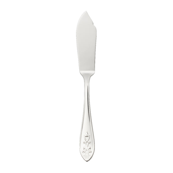 Jardin fish knife by Robbe & Berking in stainless steel with polished finish and floral lily-shaped handle.