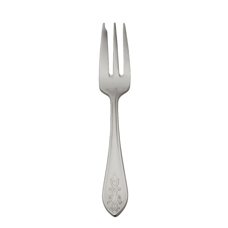 Robbe & Berking Jardin stainless steel cake fork with lily-shaped handle and floral motif, elegant cutlery for desserts.