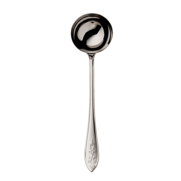 Jardin stainless steel soup ladle with engraved floral handle by Robbe & Berking.