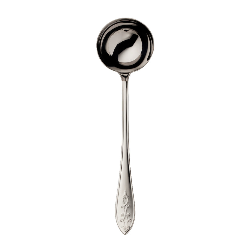 Jardin stainless steel soup ladle with engraved floral handle by Robbe & Berking.