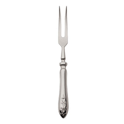 Stainless steel Jardin carving fork by Robbe & Berking with two long prongs and ornate floral handle design.