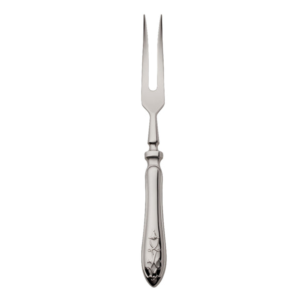 Stainless steel Jardin carving fork by Robbe & Berking with two long prongs and ornate floral handle design.