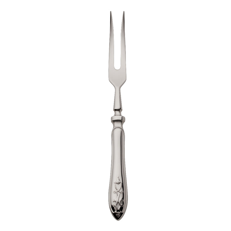 Stainless steel Jardin carving fork by Robbe & Berking with two long prongs and ornate floral handle design.