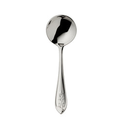 Jardin stainless steel sugar spoon with floral motif handle and deep rounded bowl by Robbe & Berking.