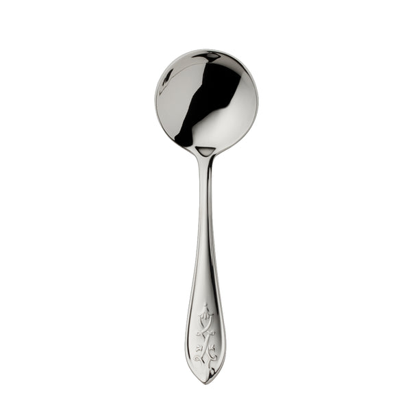 Jardin stainless steel sugar spoon with floral motif handle and deep rounded bowl by Robbe & Berking.