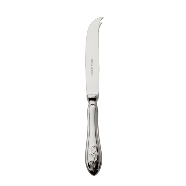 Luxury Jardin cheese knife 20 cm in polished stainless steel with curved blade, two-prong tip, and floral motif handle by Robbe & Berking.