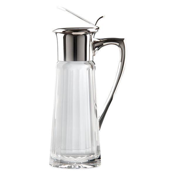 Luxury water jug Opera in sterling silver and cut crystal with hinged lid and handle by Sonja Quandt – elegant pitcher for refined dining.